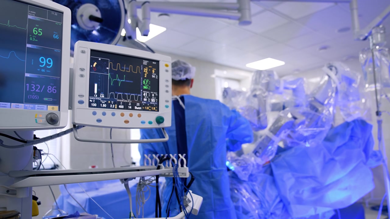 Schermi grandi e piccoli di una macchina per la ventilazione polmonare che mostrano i parametri vitali di un paziente. Un chirurgo maschio si trova vicino al sistema chirurgico robotico sullo sfondo.