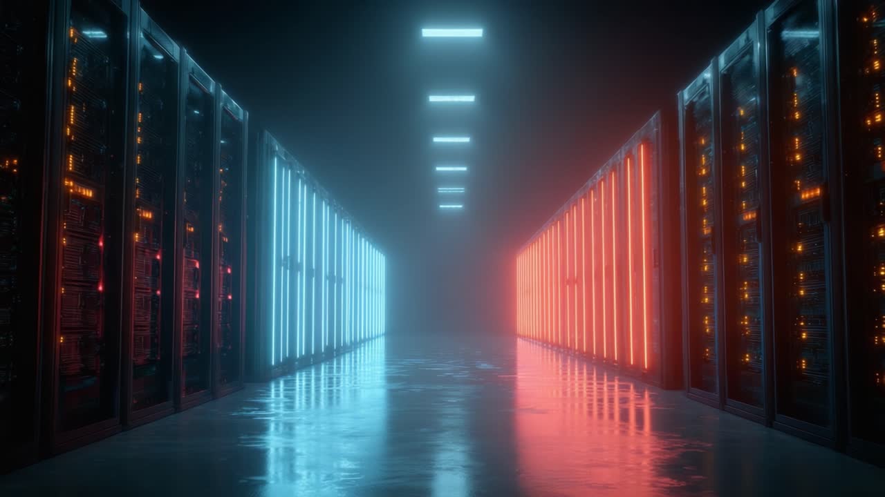 En fantastisk visuel repræsentation af en teknologisk avanceret datacentralkorridor, oplyst af kontrasterende neonlys i blåt og rødt, der viser moderne serverracks og en futuristisk atmosfære.