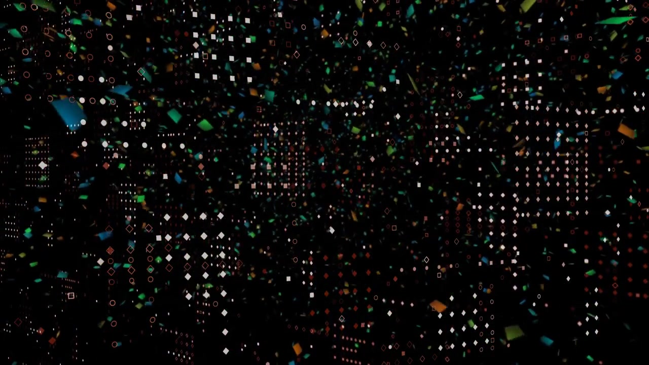 Colored fragments appearing inside white symbol grid drifting outward creating confetti effect