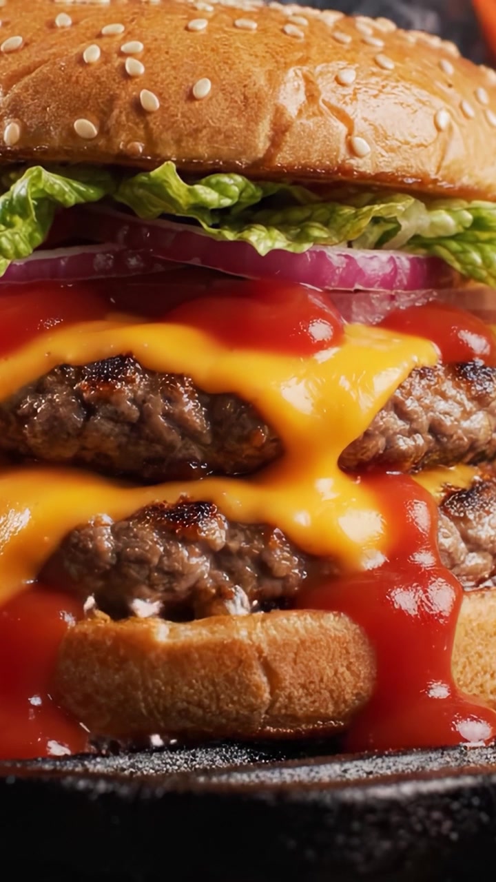 Un Classico Cheeseburger Squisito con Succulenti Hamburger di Manzo, Lattuga Fresca, Cipolle e Ricco Ketchup di Pomodoro, Perfetto per Ogni Amante del Fast Food