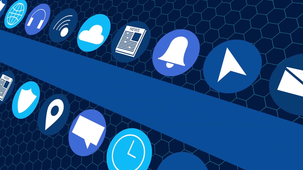 Animation of media icons moving on blue background