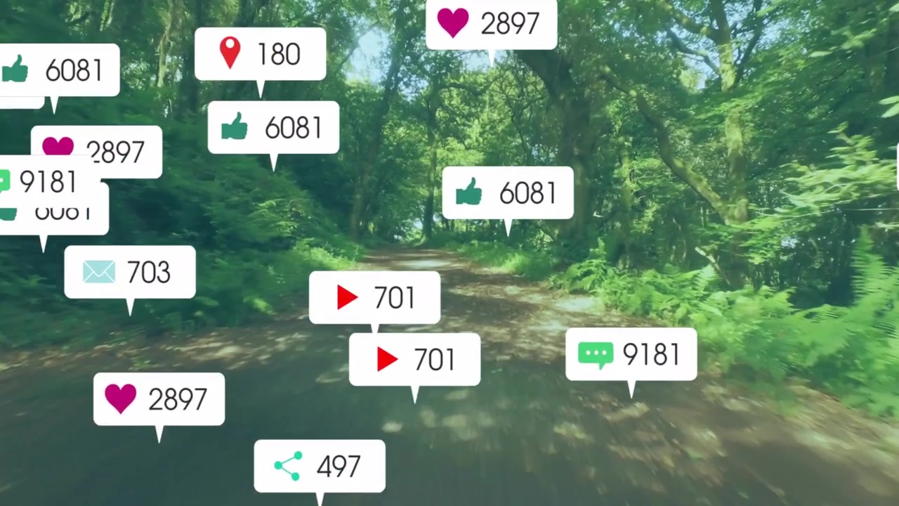 Camera moving along forest trail, social media notifications hearts spawning, fading, clearing path