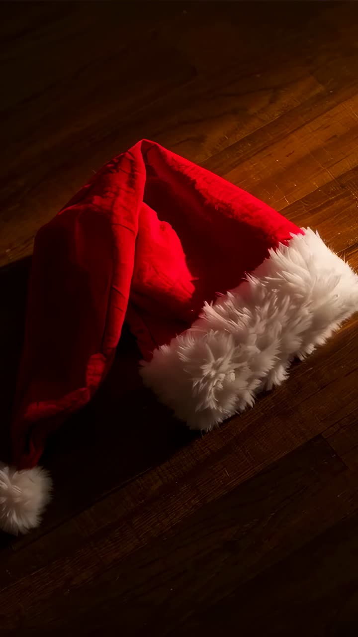 Vertical video: Red Santa hat resting on dark wood floor, camera moving closer revealing fur trim