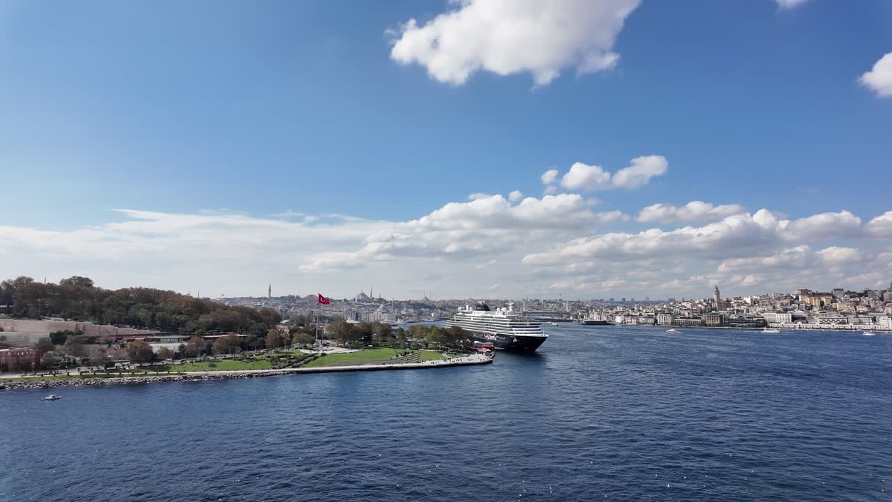 entry and first land sighting of the mega city of Istanbul Turkey entering on a cruise ship through the Bosphorus Straits