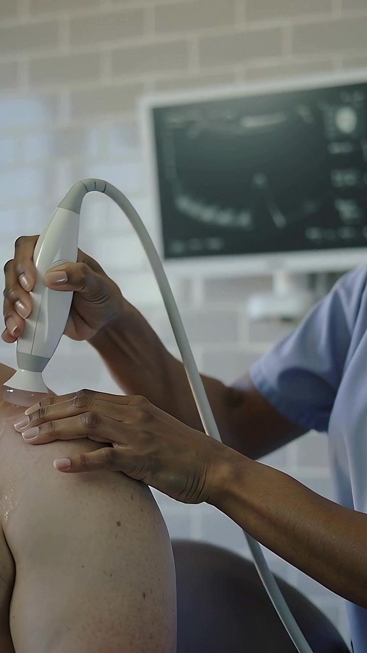 Video verticale: Applicazione di gel tecnico in camice, scansione della spalla con sonda per diagnosi in clinica