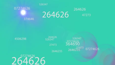 animation of multiple changing number with lens flares moving against blue background