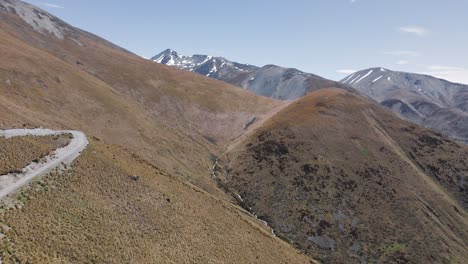 Mountainside-covered-with-dry-tussock-bush-and-snow-capped-alps-in-background