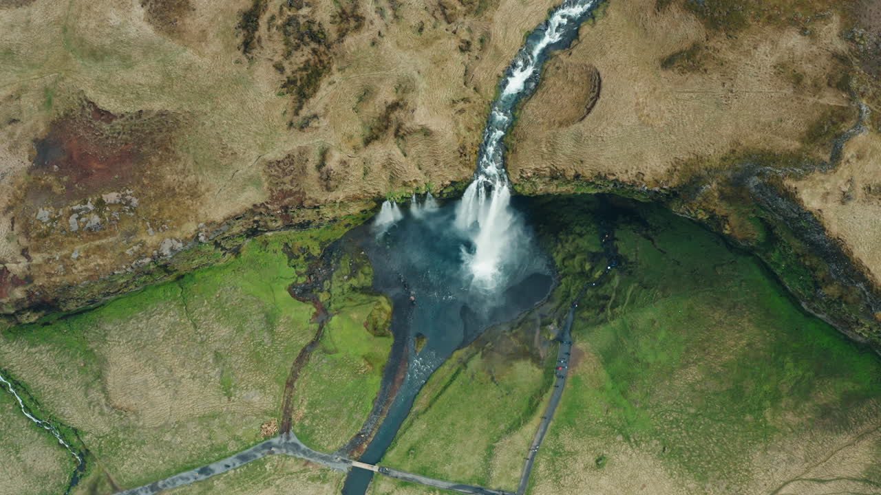Bird's eye view of Seljalandsfoss waterfall in south Iceland, famous Icelandic landmark attraction