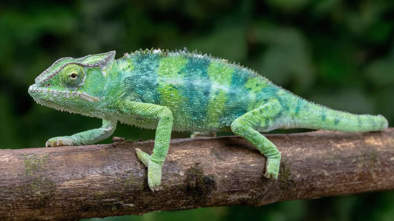 A Detailed Close-Up of a Vibrantly Colored Chameleon on a Branch, Showcasing Its Unique Patterns and Textures in a Lush Green Environment