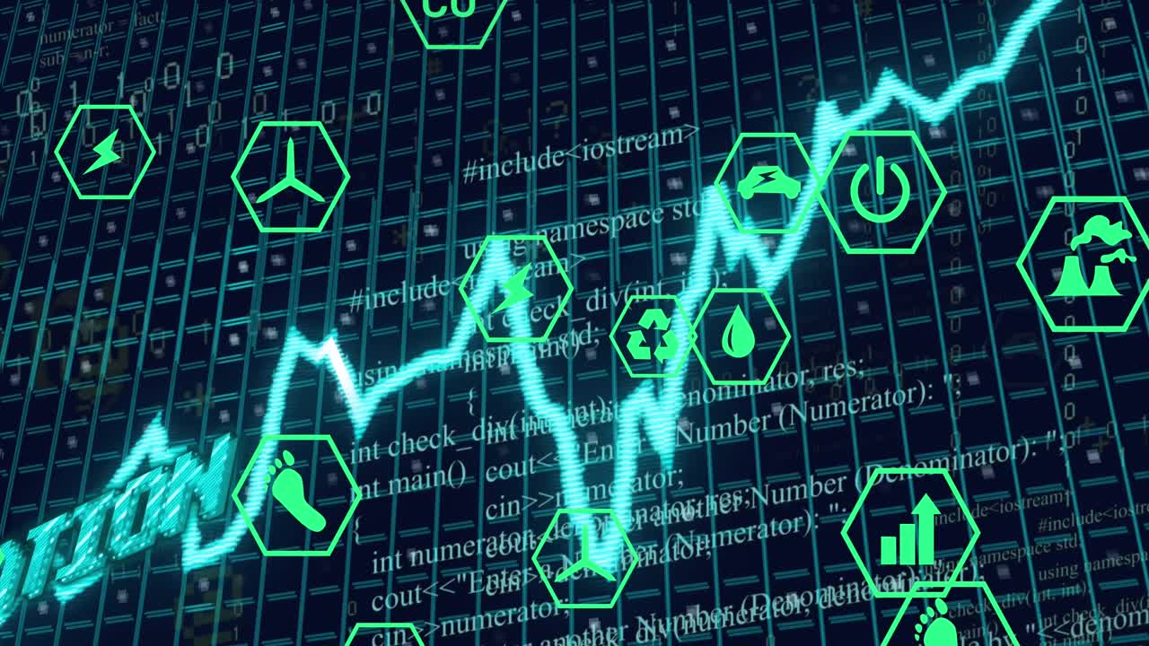 푸른 인플레이션 텍스트와 그래프를 녹색 에너지 아이콘과 처리 데이터 위에 애니메이션으로 표시합니다.