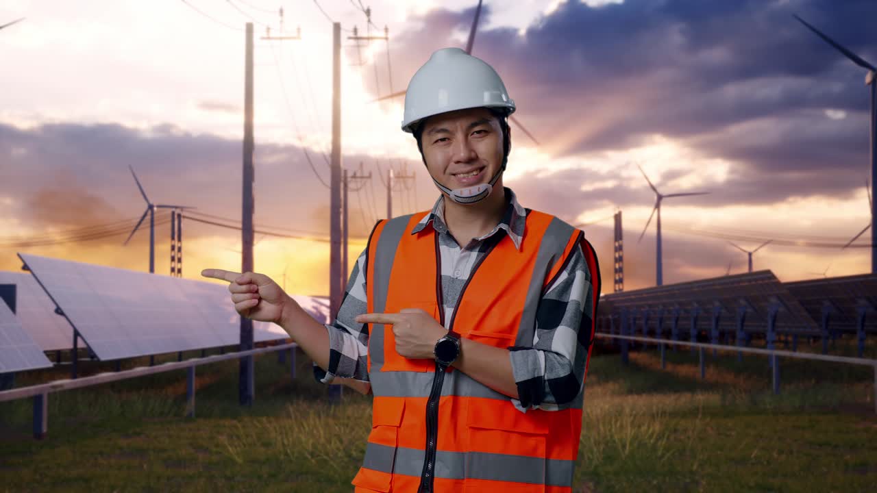 Asian Male Engineer With Safety Helmet Smiling And Pointing To Side While Standing With Solar Panel and Wind Turbines