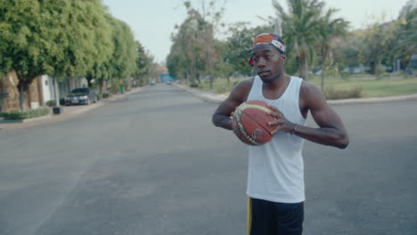 basketball friends meeting on the street, clasping hands and talking