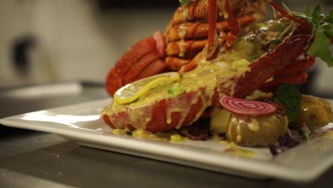 meal presentation of new zealand crayfish, with salad, potatoes, lemon and salmon at a luxury restaurant - close up detail