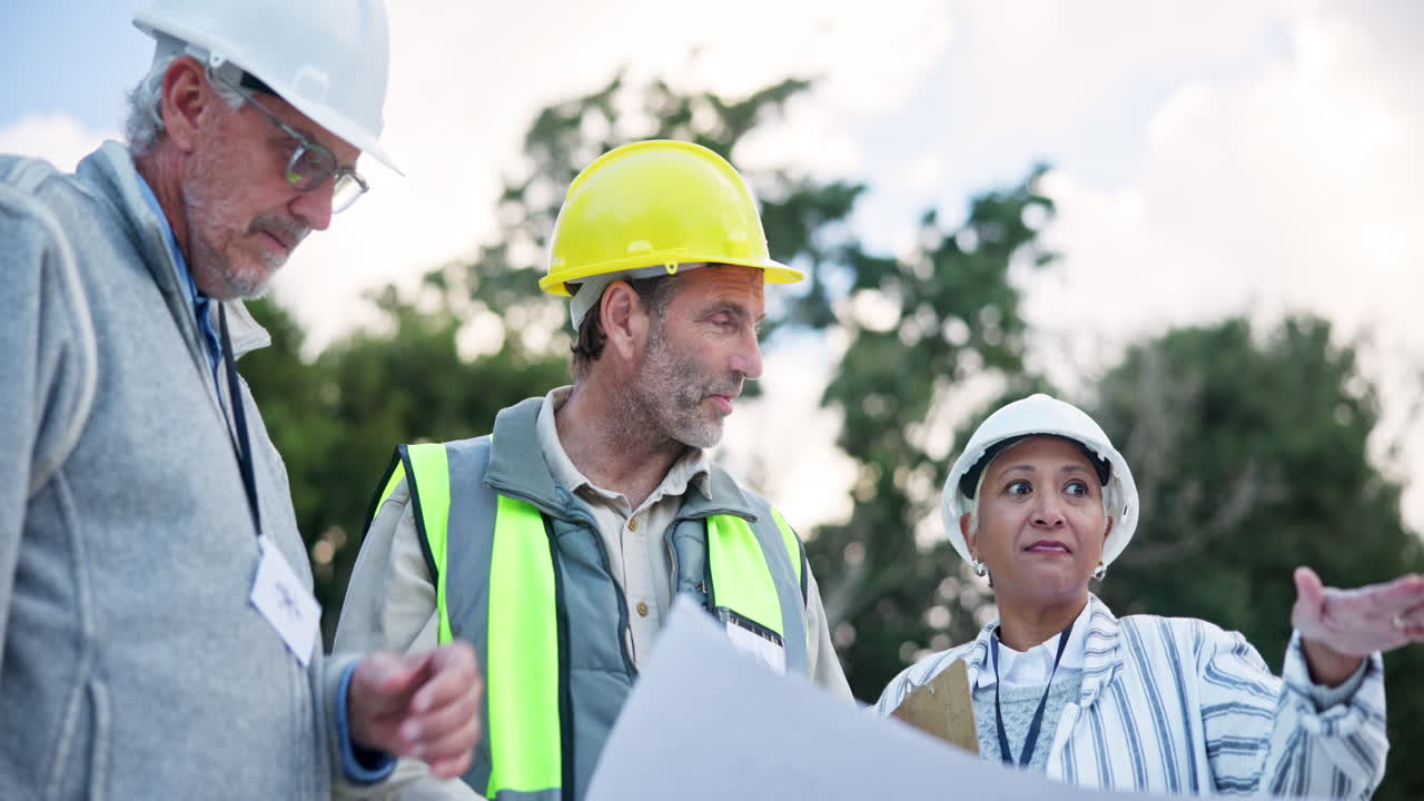 Construction Team Reviewing Blueprints on Site
