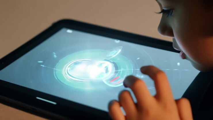 Bambino con tablet futuristico