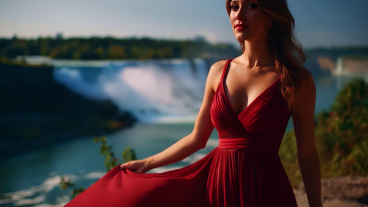 A stunning woman in a flowing red dress stands gracefully by a majestic waterfall, capturing the beauty of nature with her enchanting presence and serene expressions