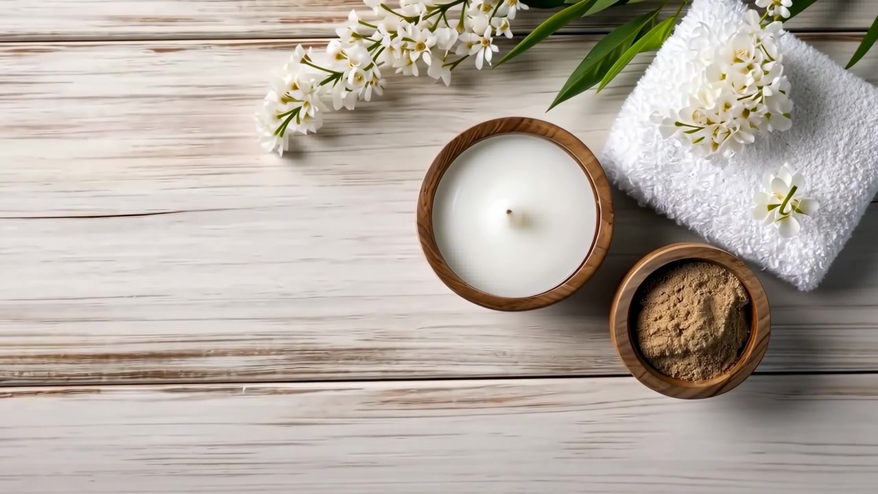 Ahşap Masa Üzerinde Mum ve Kil Maskesiyle Spa Bakımı Temel Malzemeleri