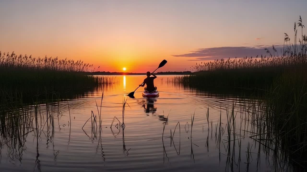 Sunset Paddle Adventure: A Serene Journey Through Lush Reeds and Reflective Waters as the Day Transitions to Night, Capturing the Beauty of Nature and Tranquility