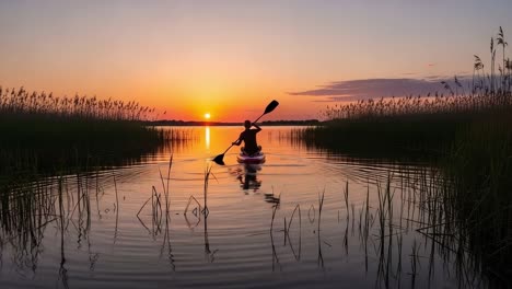 sunset paddle adventure: a serene journey through lush reeds and reflective waters as the day transitions to night, capturing the beauty of nature and tranquility