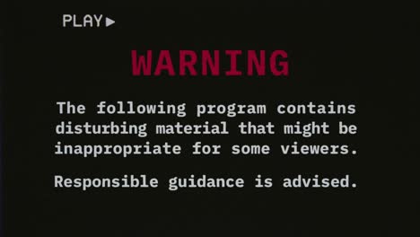 Reconstructed-fake-VHS-tape-capture-contains-a-warning-text-message-about-disturbing-material,-inappropriate-for-some-viewers