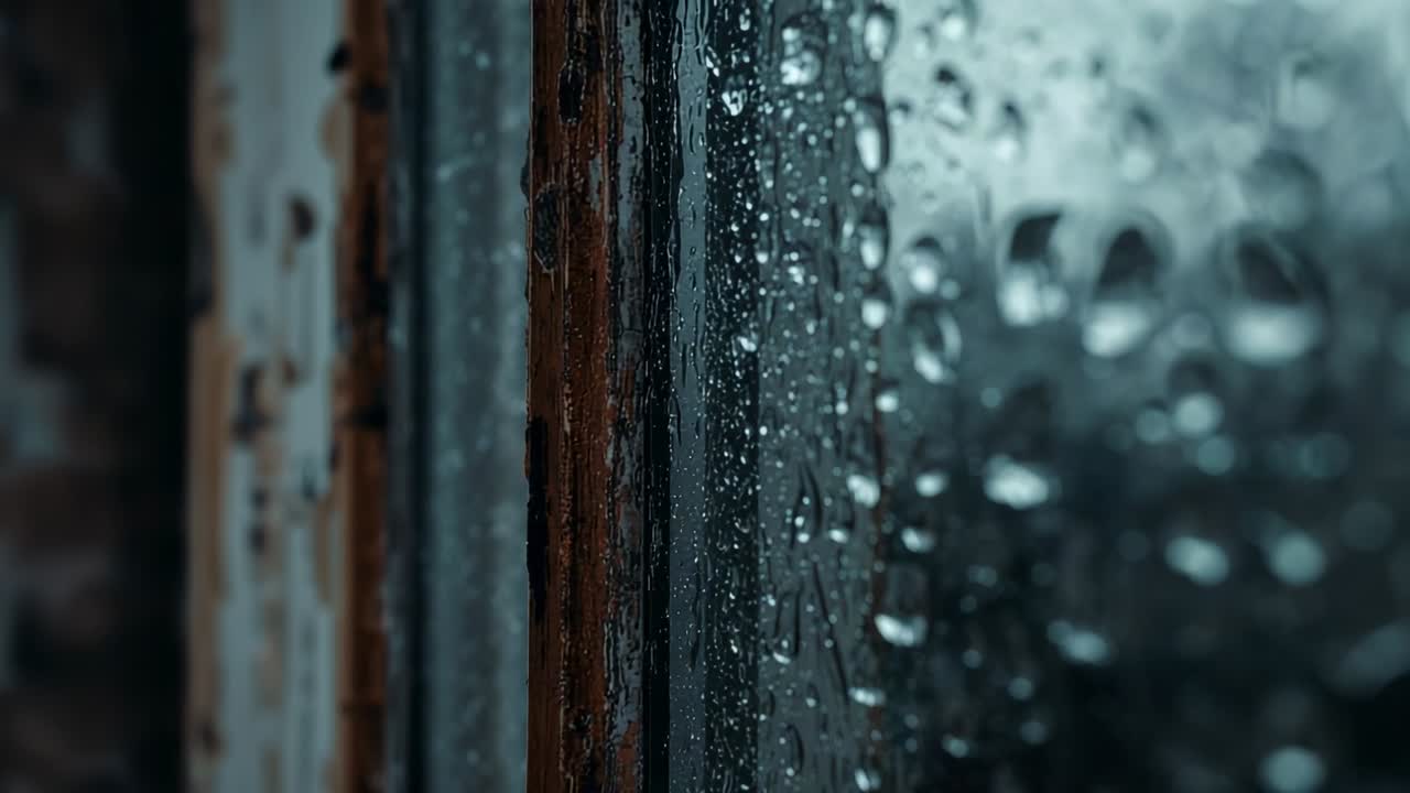 Gravity causing droplets merging and sliding down rain-soaked glass pane at weathered window frame