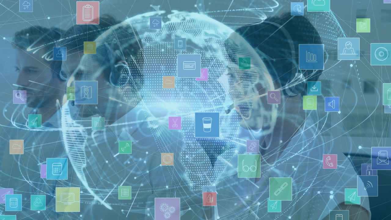 animación de la red de conexiones con iconos sobre personas de negocios que usan auriculares telefónicos