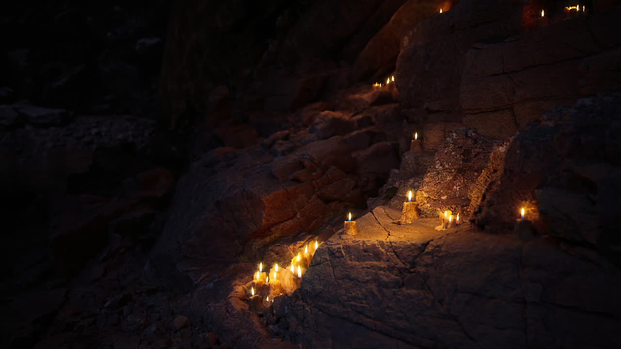 las velas iluminan el camino rocoso en un ambiente nocturno sereno.
