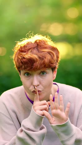 woman making a shush gesture and holding up four fingers