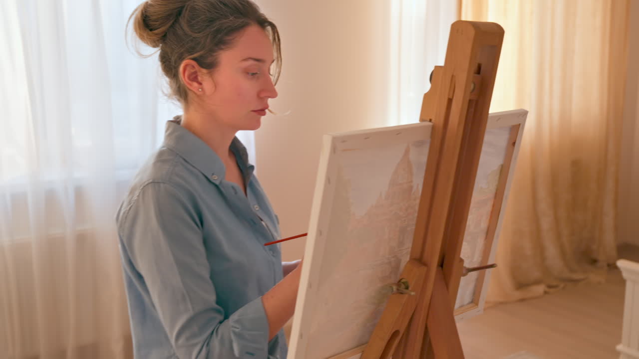 Caucasian woman painting a picture with a palette in her hands, indoors