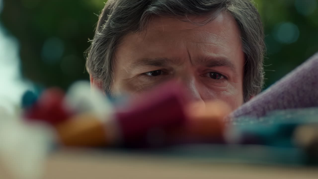 Close-up of a Man's Eyes Peering Over Blurred Colorful Objects