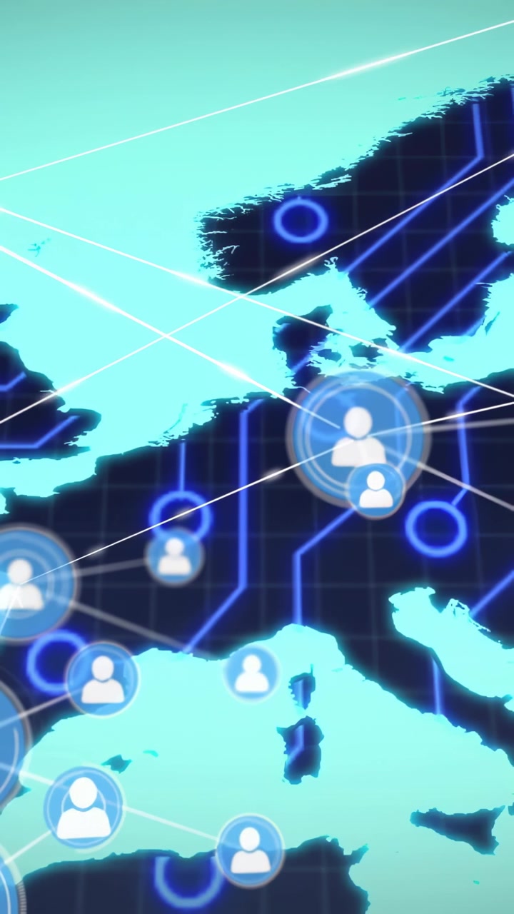 Vertical video: Central node pulsing, sending lines, adding nodes and forming network over Europe