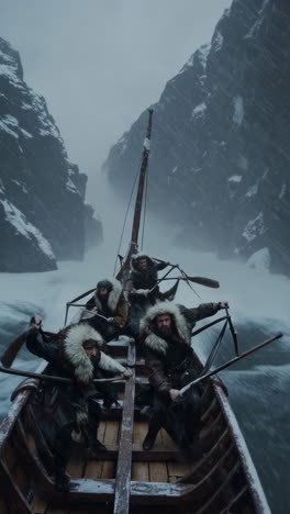 vikings rowing a boat in a stormy fjord