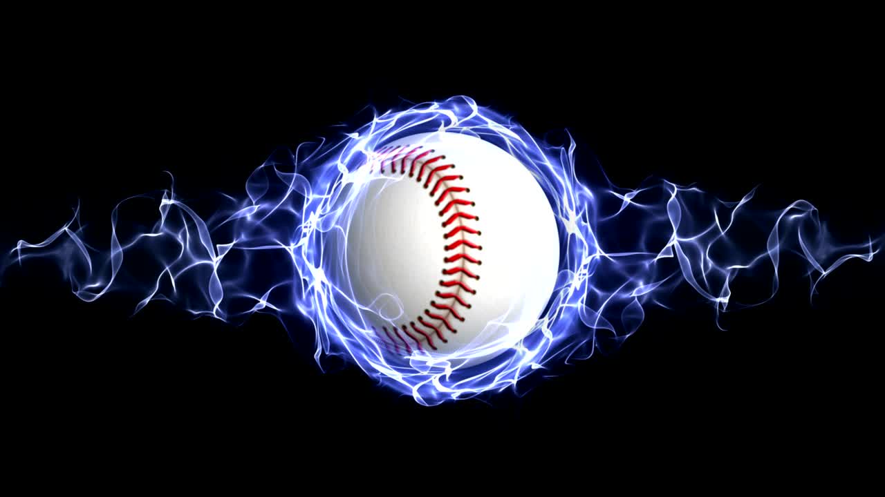 Palla da baseball in un anello di particelle astratte blu, rendering, sfondo animato, loop