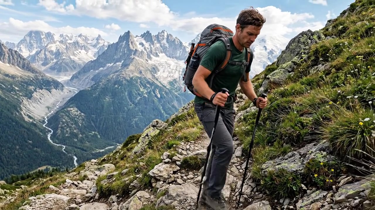 Senderista caminando por un sendero rocoso de montaña con vista alpina panorámica