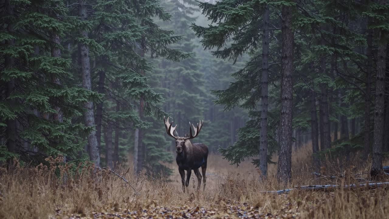 A majestic moose stands in a misty forest, captured from a low-angle, creating a cinematic video