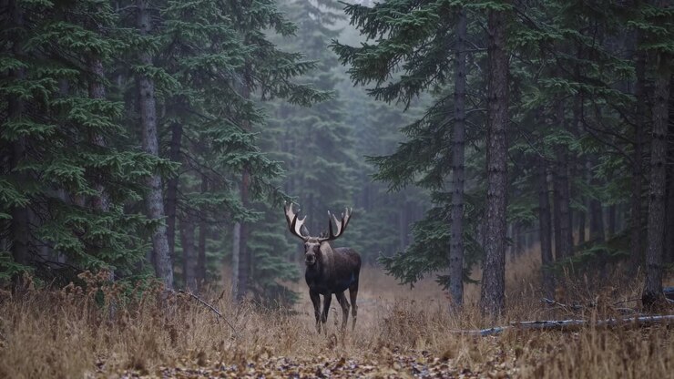 A majestic moose stands in a misty forest, captured from a low-angle, creating a cinematic video