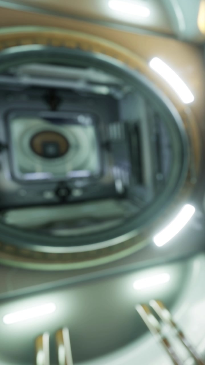Vista interna di un dispositivo circolare con luci durante un processo tecnico.