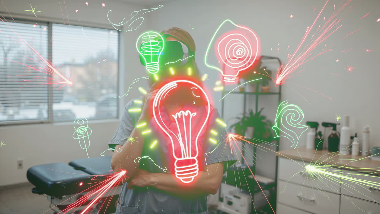 Person experiencing virtual reality with glowing light bulb ideas and digital effects