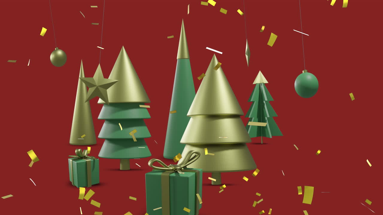 animación de confeti cayendo sobre decoraciones de navidad en fondo rojo