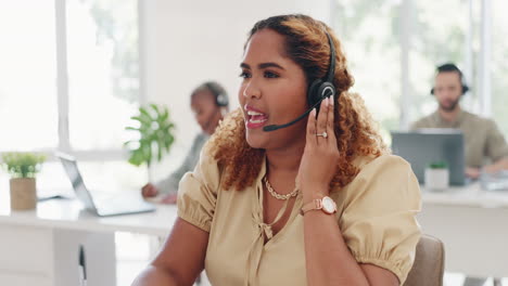 telemarketing, mujer y feliz centro de llamadas