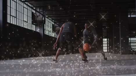 animation of floating shiny dots over man and woman playing basketball