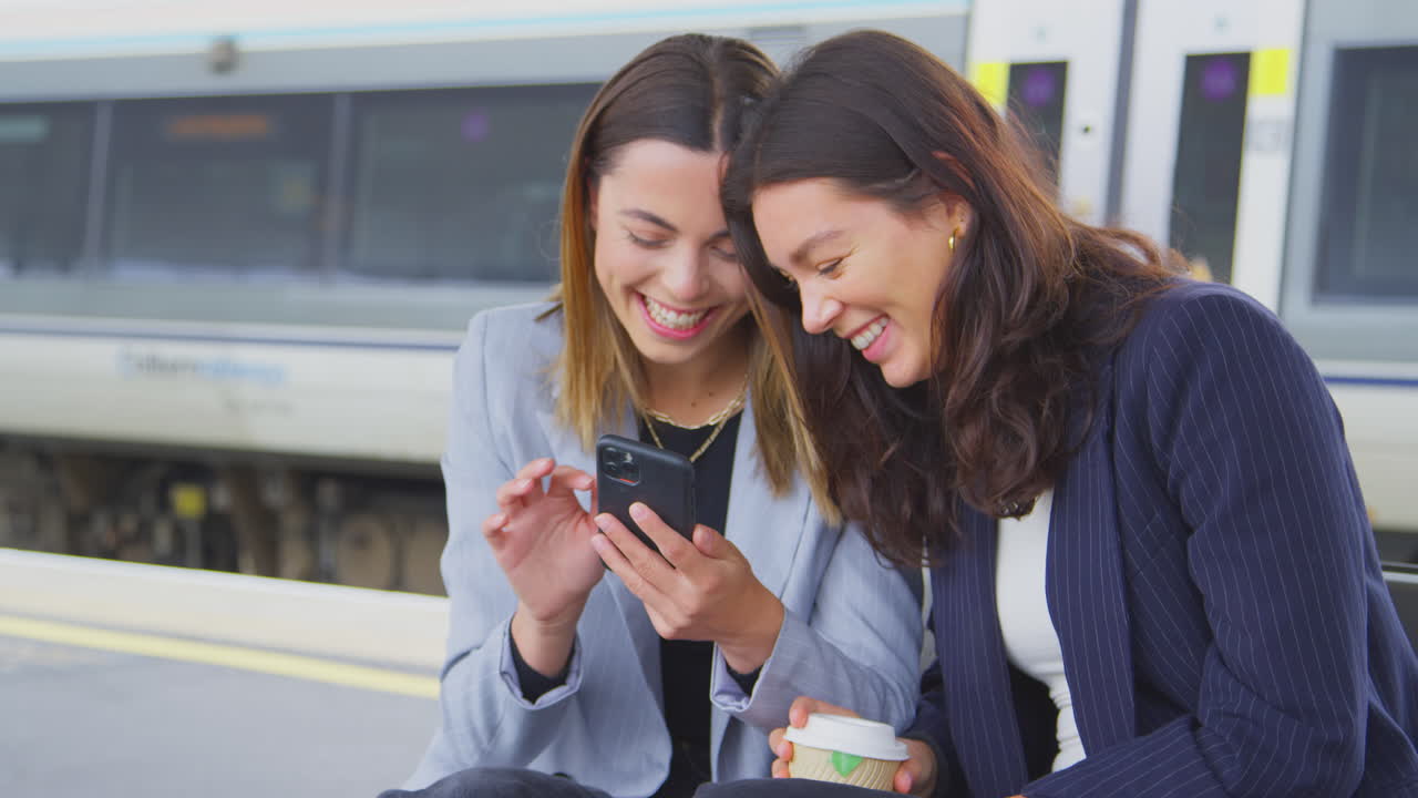 mujeres de negocios que viajan al trabajo esperan el tren en la plataforma de la estación mirando juntos el teléfono móvil
