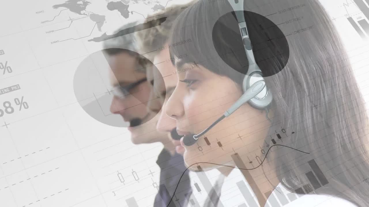 전화 헤드 ⁇ 을 사용하는 사업가들에 대한 통계의 애니메이션