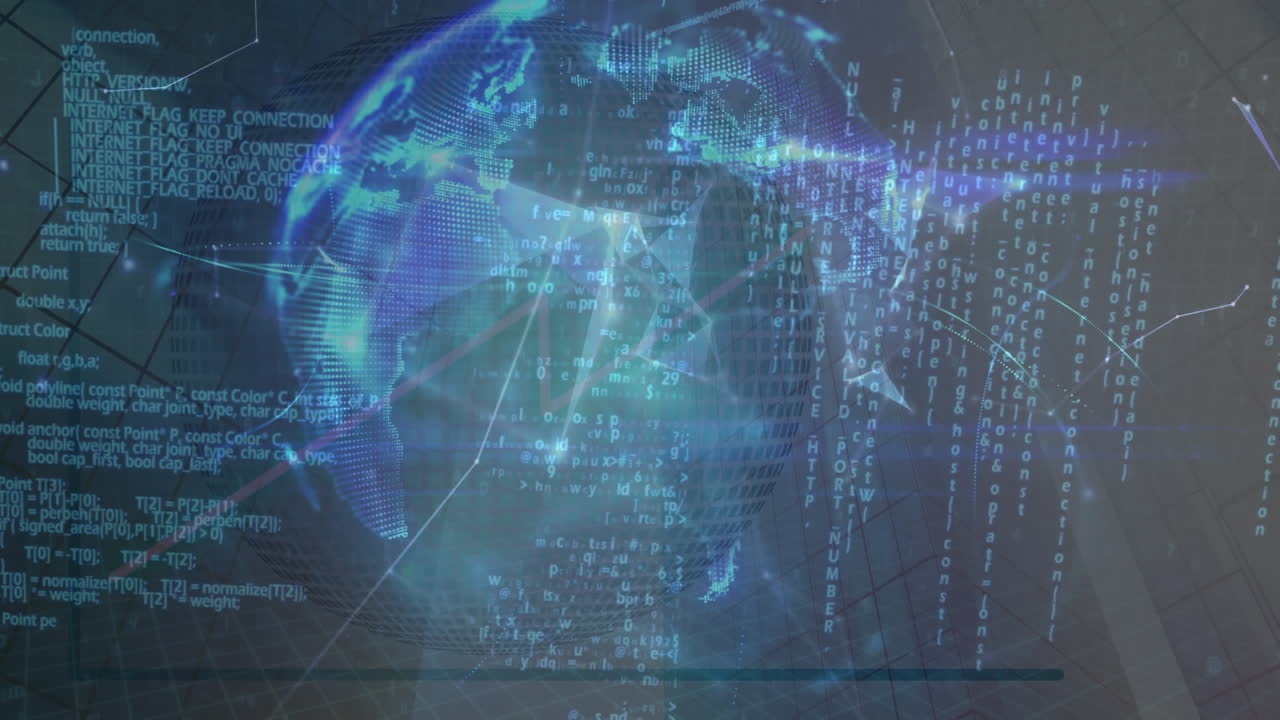 Animation of data processing over rotating globe in blue and black space