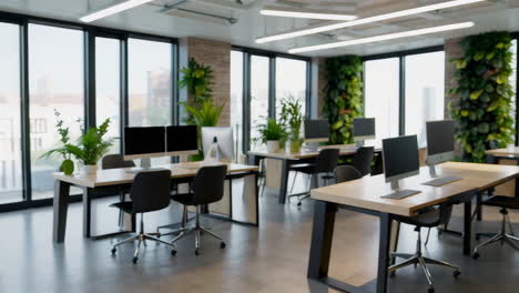 modern office interior with lush green walls and biophilic design