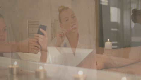 brushing teeth, woman using smartphone in relaxing bathroom with animation