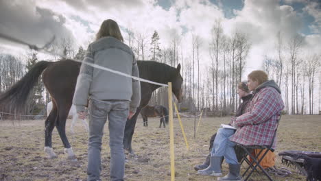 los participantes se sientan junto al recinto del caballo durante la terapia facilitada por el caballo