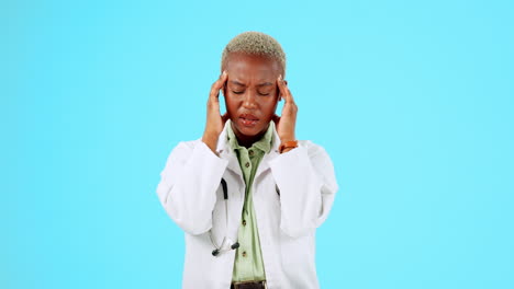 Black-woman,-doctor-and-headache-in-burnout