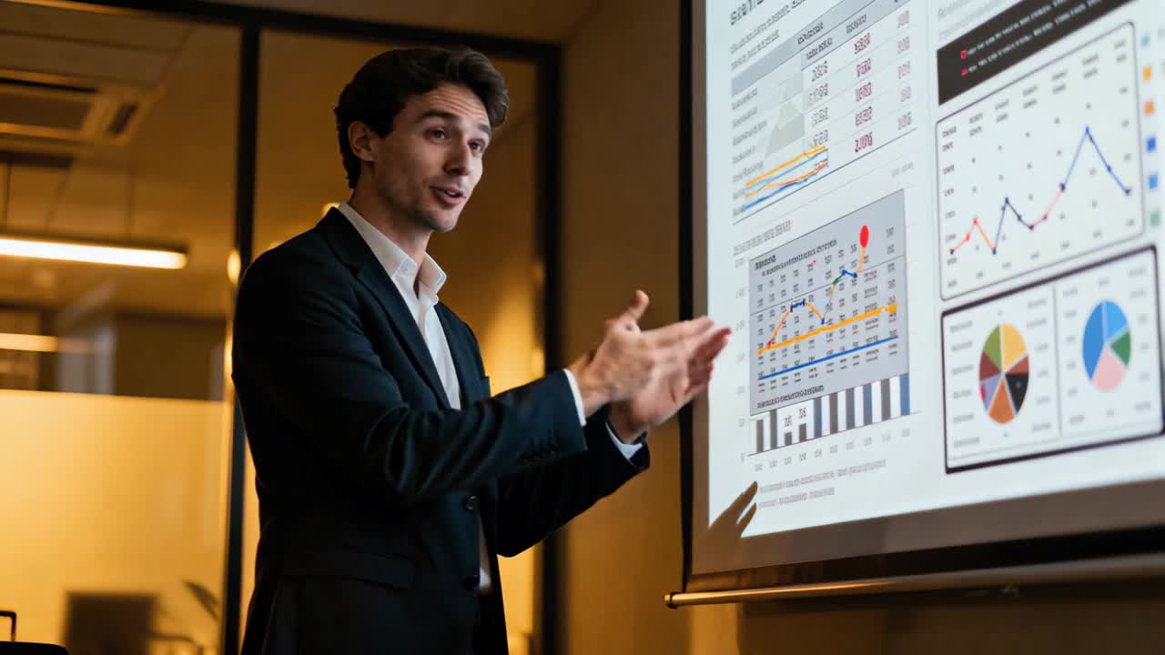 Uomo d'affari fiducioso che presenta dati e grafici su schermo di proiettore