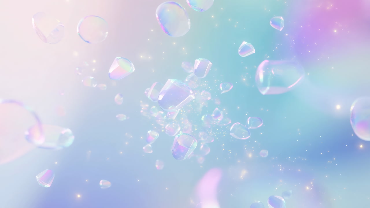 Iridescent Droplets Float In Soft Haze. Sparkling Particles And Tiny Crystals Drift Through Pastel Bokeh,